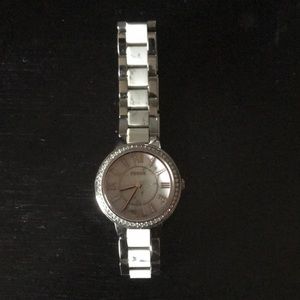 Silver Fossil Watch (Rose Gold Marble & Jewel)